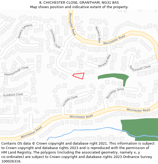 8, CHICHESTER CLOSE, GRANTHAM, NG31 8AS: Location map and indicative extent of plot