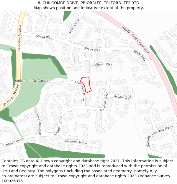 8, CHILCOMBE DRIVE, PRIORSLEE, TELFORD, TF2 9TD: Location map and indicative extent of plot