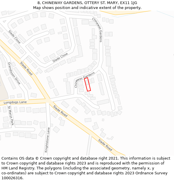 8, CHINEWAY GARDENS, OTTERY ST. MARY, EX11 1JG: Location map and indicative extent of plot