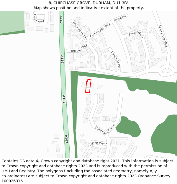 8, CHIPCHASE GROVE, DURHAM, DH1 3FA: Location map and indicative extent of plot