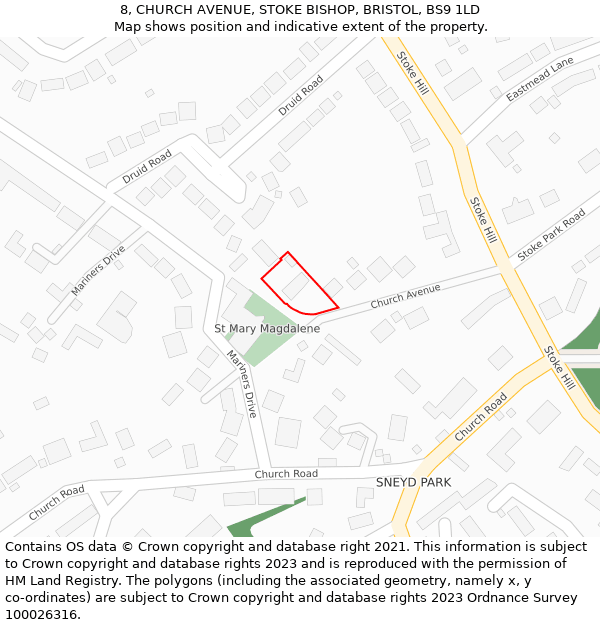 8, CHURCH AVENUE, STOKE BISHOP, BRISTOL, BS9 1LD: Location map and indicative extent of plot