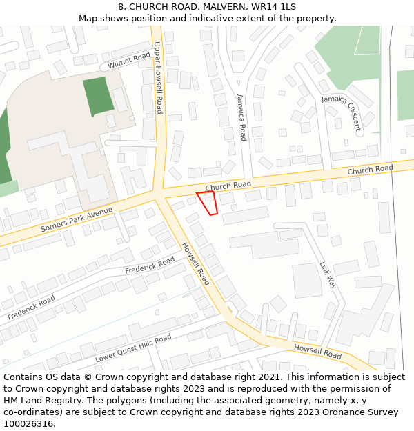 8, CHURCH ROAD, MALVERN, WR14 1LS: Location map and indicative extent of plot