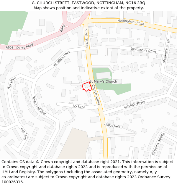 8, CHURCH STREET, EASTWOOD, NOTTINGHAM, NG16 3BQ: Location map and indicative extent of plot