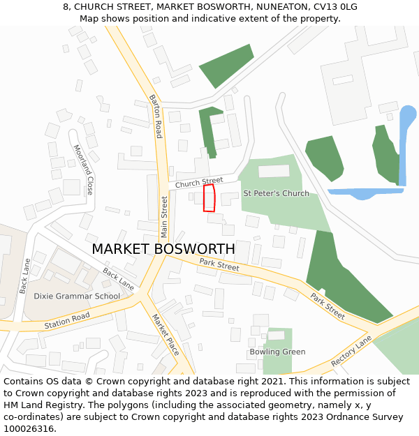 8, CHURCH STREET, MARKET BOSWORTH, NUNEATON, CV13 0LG: Location map and indicative extent of plot