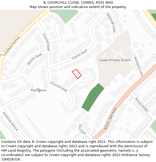 8, CHURCHILL CLOSE, COWES, PO31 8HQ: Location map and indicative extent of plot