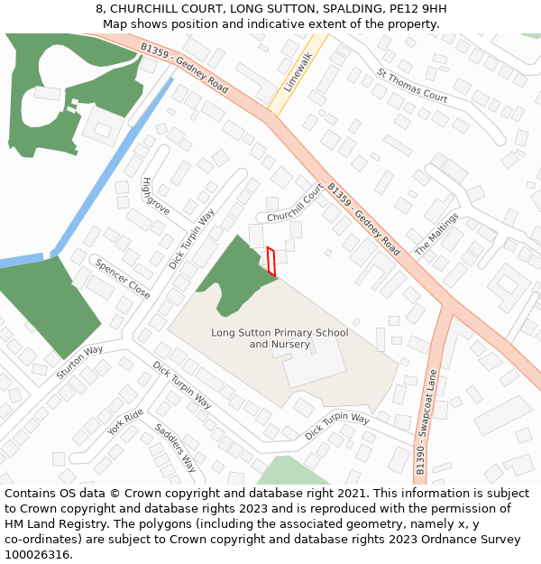 8, CHURCHILL COURT, LONG SUTTON, SPALDING, PE12 9HH: Location map and indicative extent of plot