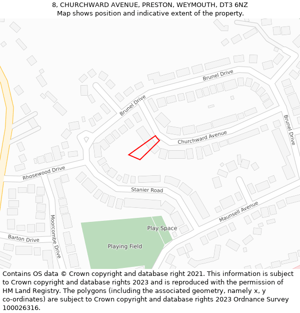 8, CHURCHWARD AVENUE, PRESTON, WEYMOUTH, DT3 6NZ: Location map and indicative extent of plot