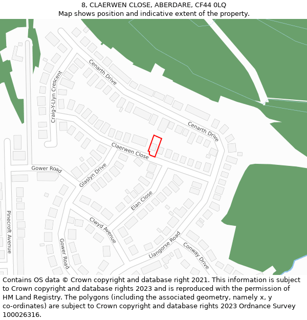 8, CLAERWEN CLOSE, ABERDARE, CF44 0LQ: Location map and indicative extent of plot