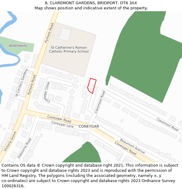 8, CLAREMONT GARDENS, BRIDPORT, DT6 3AX: Location map and indicative extent of plot