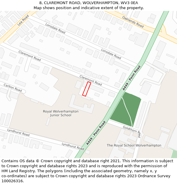 8, CLAREMONT ROAD, WOLVERHAMPTON, WV3 0EA: Location map and indicative extent of plot