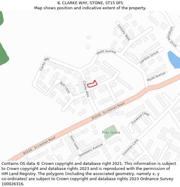 8, CLARKE WAY, STONE, ST15 0FS: Location map and indicative extent of plot