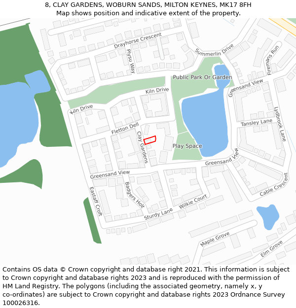 8, CLAY GARDENS, WOBURN SANDS, MILTON KEYNES, MK17 8FH: Location map and indicative extent of plot