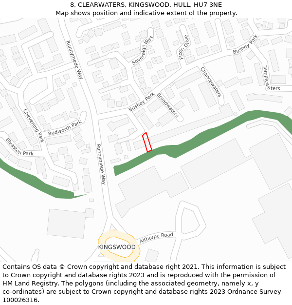 8, CLEARWATERS, KINGSWOOD, HULL, HU7 3NE: Location map and indicative extent of plot