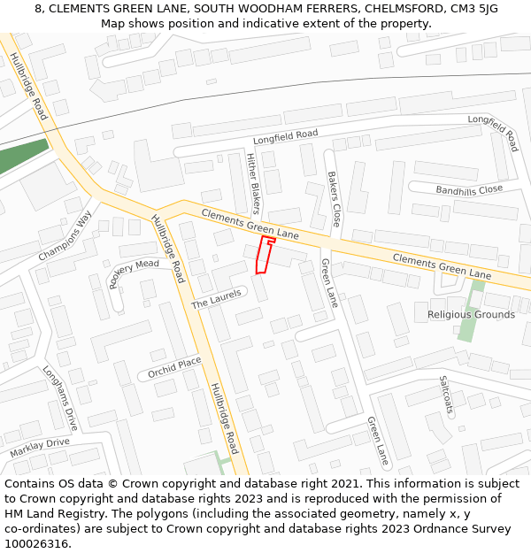 8, CLEMENTS GREEN LANE, SOUTH WOODHAM FERRERS, CHELMSFORD, CM3 5JG: Location map and indicative extent of plot