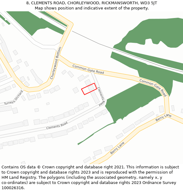 8, CLEMENTS ROAD, CHORLEYWOOD, RICKMANSWORTH, WD3 5JT: Location map and indicative extent of plot