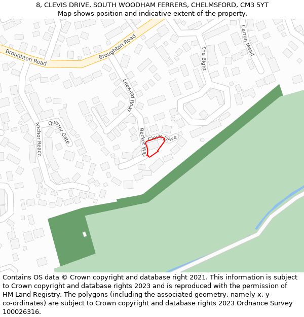 8, CLEVIS DRIVE, SOUTH WOODHAM FERRERS, CHELMSFORD, CM3 5YT: Location map and indicative extent of plot