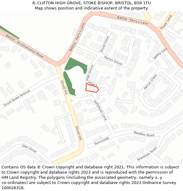 8, CLIFTON HIGH GROVE, STOKE BISHOP, BRISTOL, BS9 1TU: Location map and indicative extent of plot