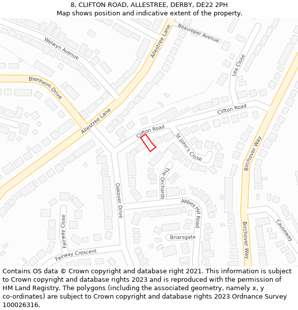 8, CLIFTON ROAD, ALLESTREE, DERBY, DE22 2PH: Location map and indicative extent of plot