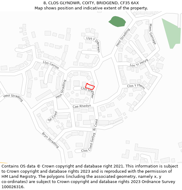 8, CLOS GLYNDWR, COITY, BRIDGEND, CF35 6AX: Location map and indicative extent of plot