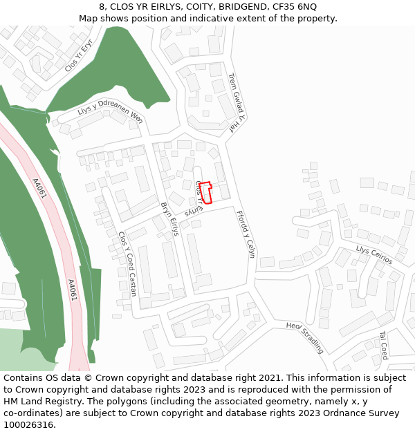 8, CLOS YR EIRLYS, COITY, BRIDGEND, CF35 6NQ: Location map and indicative extent of plot