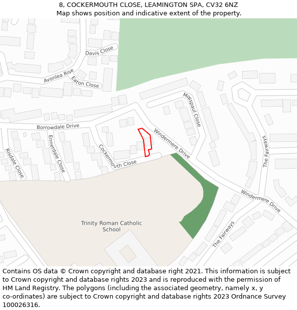 8, COCKERMOUTH CLOSE, LEAMINGTON SPA, CV32 6NZ: Location map and indicative extent of plot