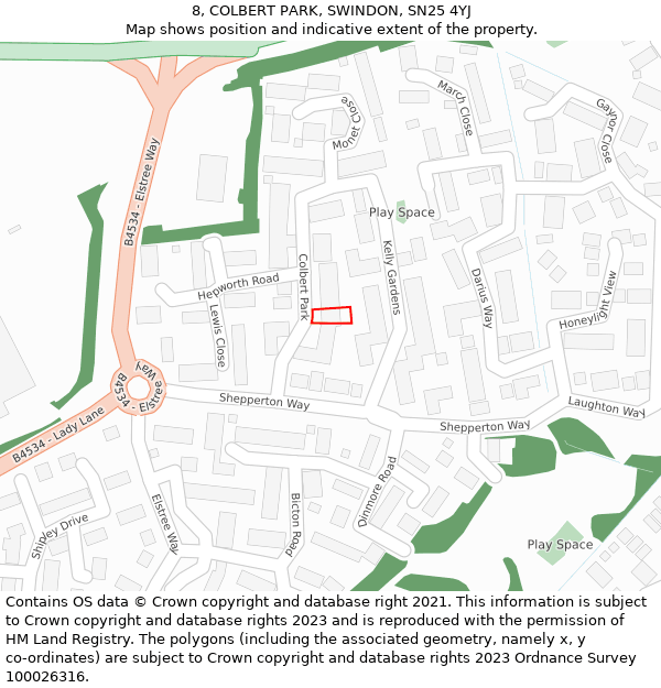 8, COLBERT PARK, SWINDON, SN25 4YJ: Location map and indicative extent of plot