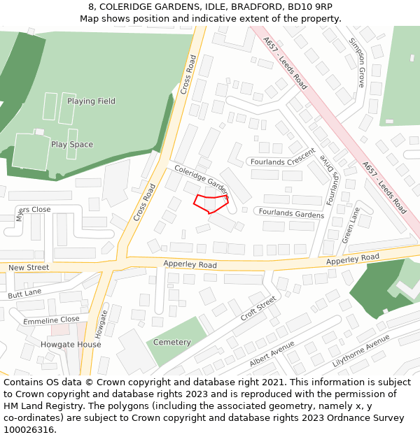 8, COLERIDGE GARDENS, IDLE, BRADFORD, BD10 9RP: Location map and indicative extent of plot