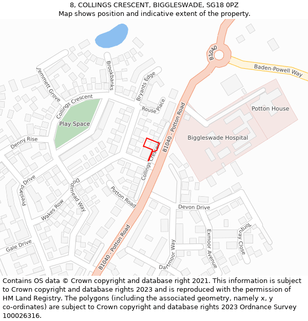 8, COLLINGS CRESCENT, BIGGLESWADE, SG18 0PZ: Location map and indicative extent of plot