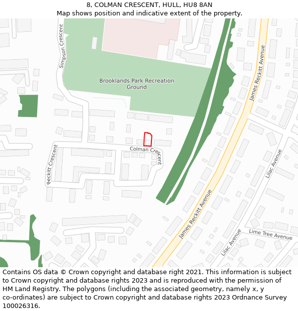 8, COLMAN CRESCENT, HULL, HU8 8AN: Location map and indicative extent of plot