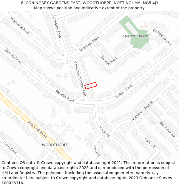 8, CONINGSBY GARDENS EAST, WOODTHORPE, NOTTINGHAM, NG5 4JY: Location map and indicative extent of plot