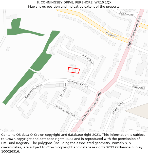 8, CONNINGSBY DRIVE, PERSHORE, WR10 1QX: Location map and indicative extent of plot