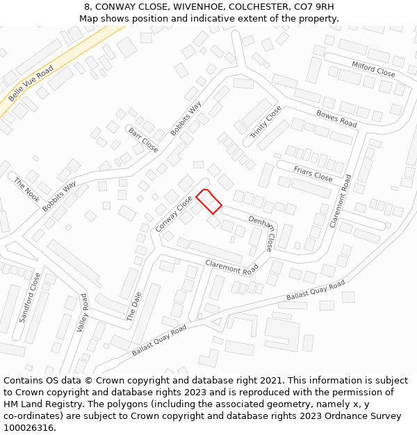 8, CONWAY CLOSE, WIVENHOE, COLCHESTER, CO7 9RH: Location map and indicative extent of plot