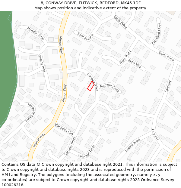 8, CONWAY DRIVE, FLITWICK, BEDFORD, MK45 1DF: Location map and indicative extent of plot