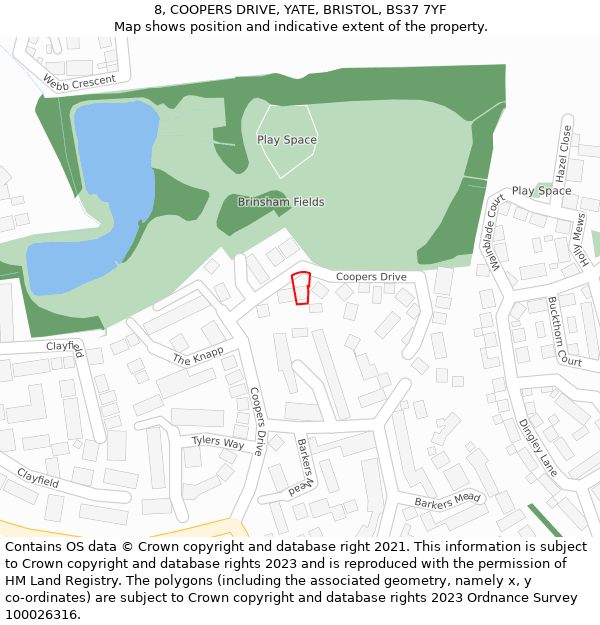 8, COOPERS DRIVE, YATE, BRISTOL, BS37 7YF: Location map and indicative extent of plot