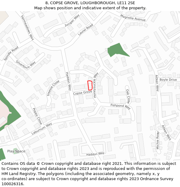 8, COPSE GROVE, LOUGHBOROUGH, LE11 2SE: Location map and indicative extent of plot