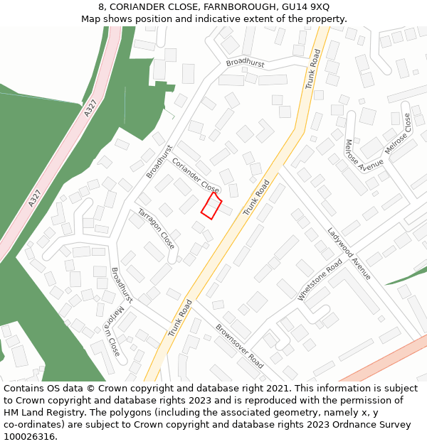 8, CORIANDER CLOSE, FARNBOROUGH, GU14 9XQ: Location map and indicative extent of plot