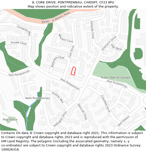 8, CORK DRIVE, PONTPRENNAU, CARDIFF, CF23 8PU: Location map and indicative extent of plot