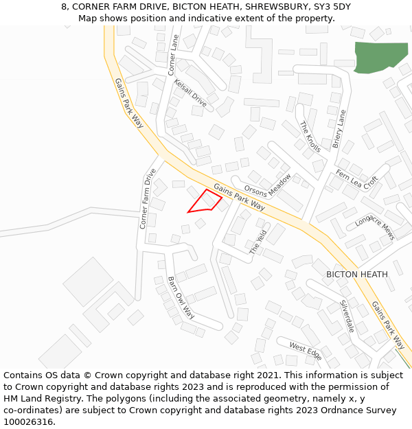 8, CORNER FARM DRIVE, BICTON HEATH, SHREWSBURY, SY3 5DY: Location map and indicative extent of plot