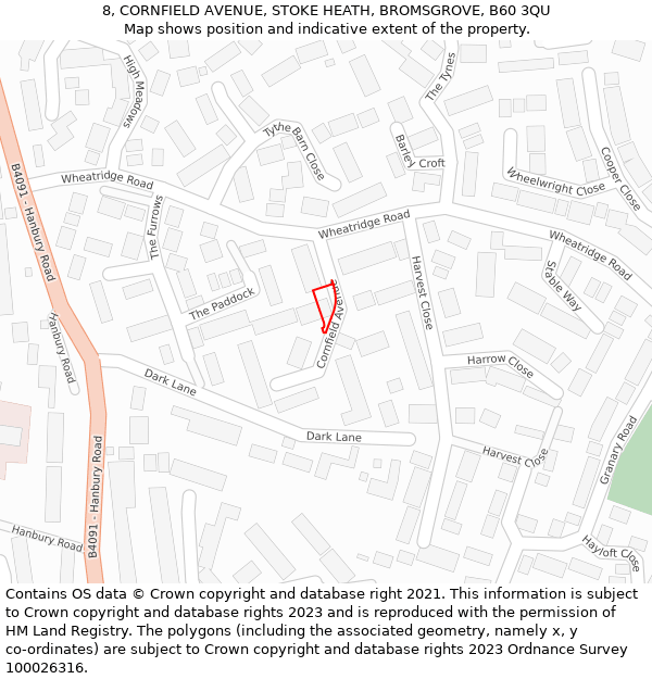 8, CORNFIELD AVENUE, STOKE HEATH, BROMSGROVE, B60 3QU: Location map and indicative extent of plot