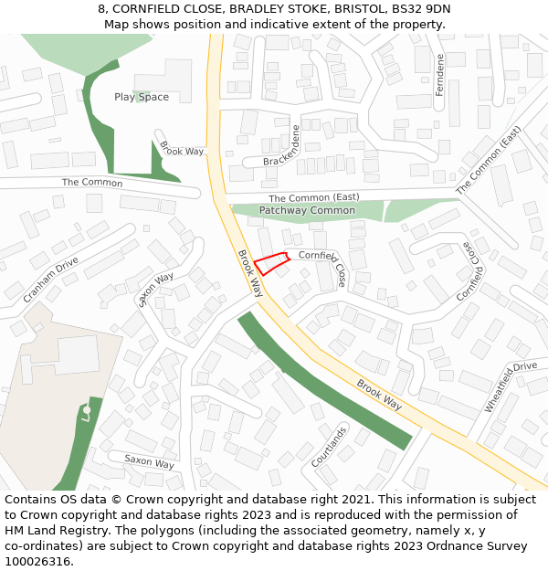 8, CORNFIELD CLOSE, BRADLEY STOKE, BRISTOL, BS32 9DN: Location map and indicative extent of plot