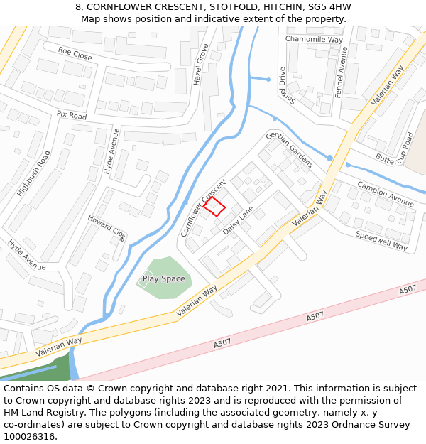 8, CORNFLOWER CRESCENT, STOTFOLD, HITCHIN, SG5 4HW: Location map and indicative extent of plot