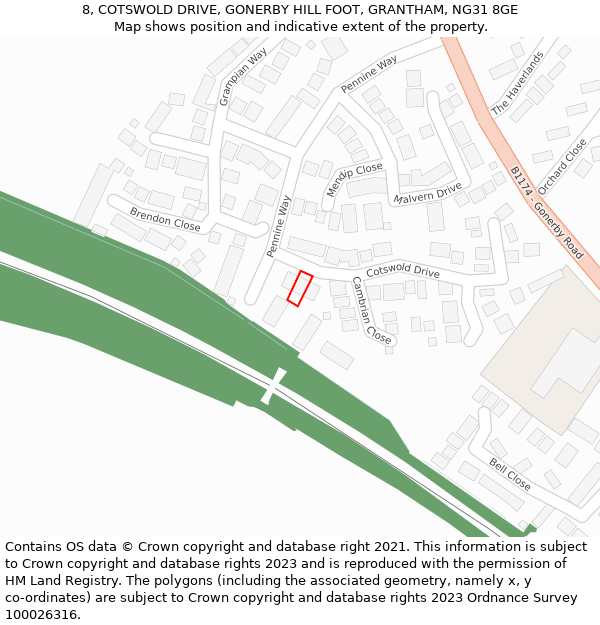 8, COTSWOLD DRIVE, GONERBY HILL FOOT, GRANTHAM, NG31 8GE: Location map and indicative extent of plot