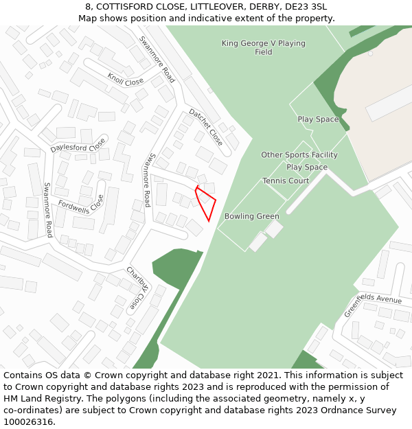 8, COTTISFORD CLOSE, LITTLEOVER, DERBY, DE23 3SL: Location map and indicative extent of plot