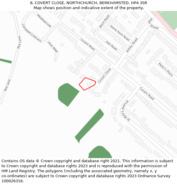 8, COVERT CLOSE, NORTHCHURCH, BERKHAMSTED, HP4 3SR: Location map and indicative extent of plot