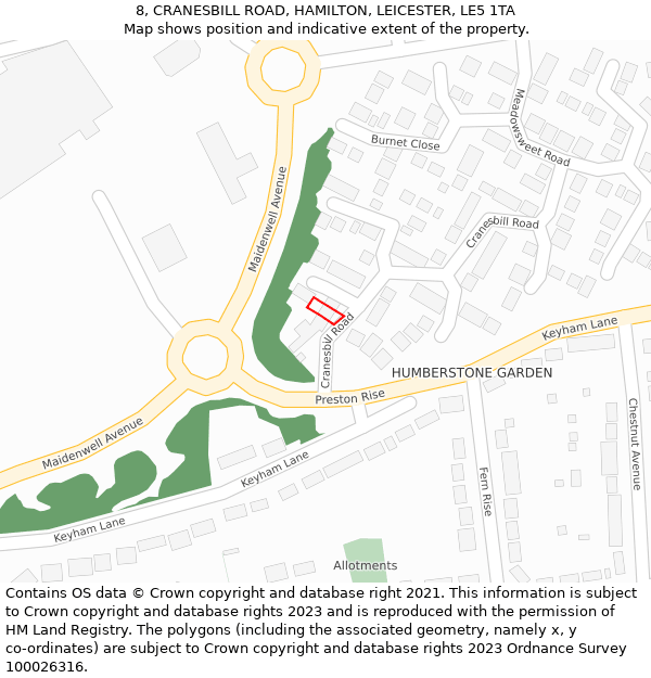8, CRANESBILL ROAD, HAMILTON, LEICESTER, LE5 1TA: Location map and indicative extent of plot