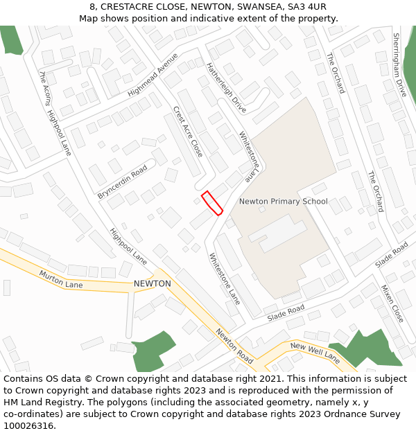 8, CRESTACRE CLOSE, NEWTON, SWANSEA, SA3 4UR: Location map and indicative extent of plot