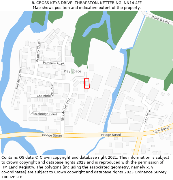 8, CROSS KEYS DRIVE, THRAPSTON, KETTERING, NN14 4FF: Location map and indicative extent of plot