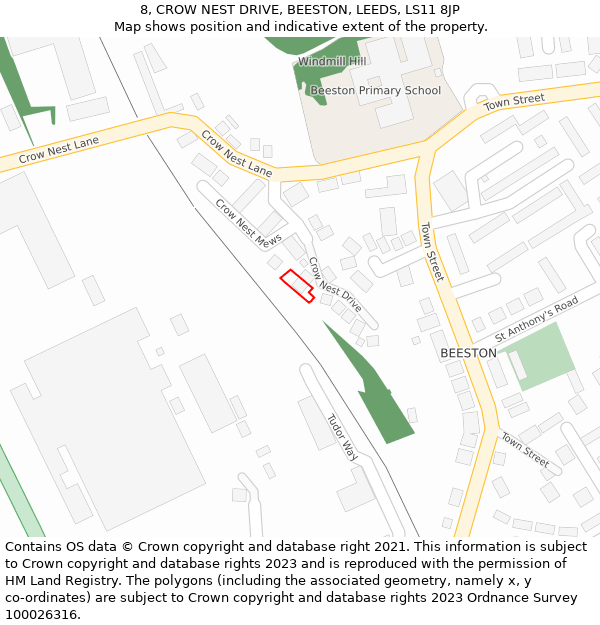 8, CROW NEST DRIVE, BEESTON, LEEDS, LS11 8JP: Location map and indicative extent of plot