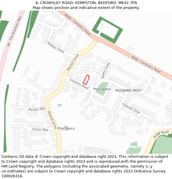 8, CROWSLEY ROAD, KEMPSTON, BEDFORD, MK42 7FN: Location map and indicative extent of plot