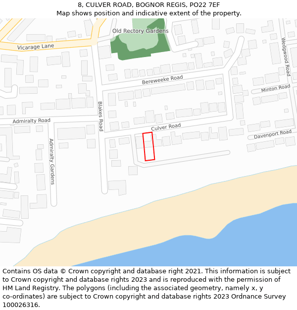 8, CULVER ROAD, BOGNOR REGIS, PO22 7EF: Location map and indicative extent of plot